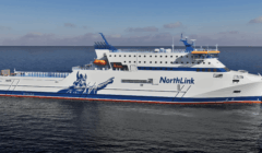 A large NorthLink ferry with a Viking graphic on the hull is sailing on calm blue water under a partly cloudy sky.