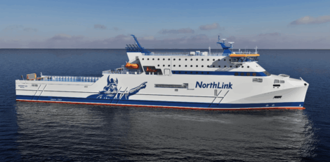 A large NorthLink ferry with a Viking graphic on the hull is sailing on calm blue water under a partly cloudy sky.
