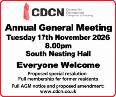 Red-bordered notice with the CDCN (Community Development Company of Nesting) logo, announcing an Annual General Meeting on Tuesday 17th